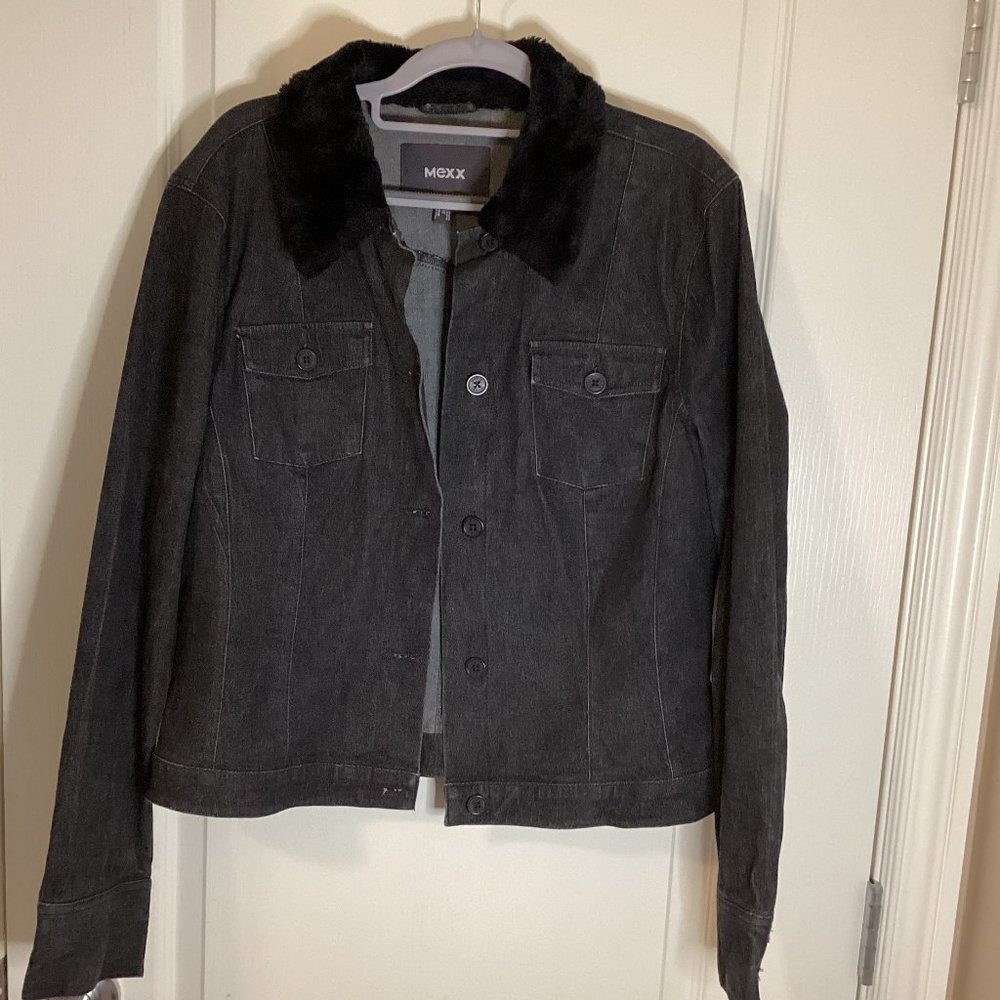 Mexx Women's Black Denim Jean Jacket With Faux Fur Collar Size 14 Western Cowboy